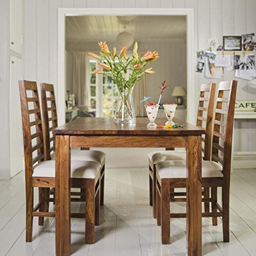 Image of SHRI MINTU'S ART Solid Sheesham Wood Dining Table 4 Seater | Four Seater Dinning Table with 4 Chairs for Home | Chairs with Cushion | Dining Room Sets for Kitchen & Restaurants | Rosewood, Brown