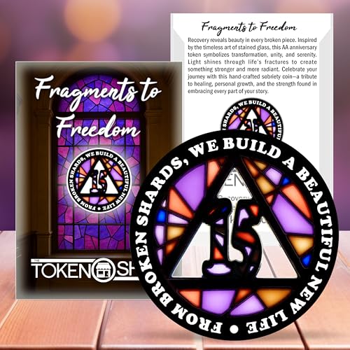 Image of Stained Glass 15 Year AA Chip Sobriety Coin Medallion, Fragments to Freedom Alcoholics Anonymous Addiction Recovery Anniversary Token, Inspirational Sober Gifts for Men and Women by the Token Shop