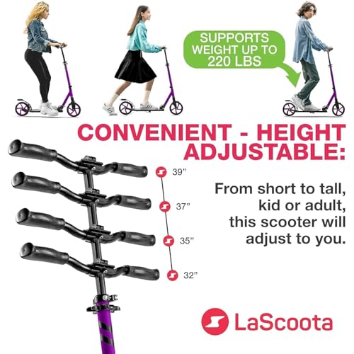 Image of LaScoota Kick Scooter for Kids Ages 6+, Teens & Adults, Large 8 inch Sturdy Urethane Wheels. Adjustable Handlebar, Lightweight, Foldable, 220lbs Max Load