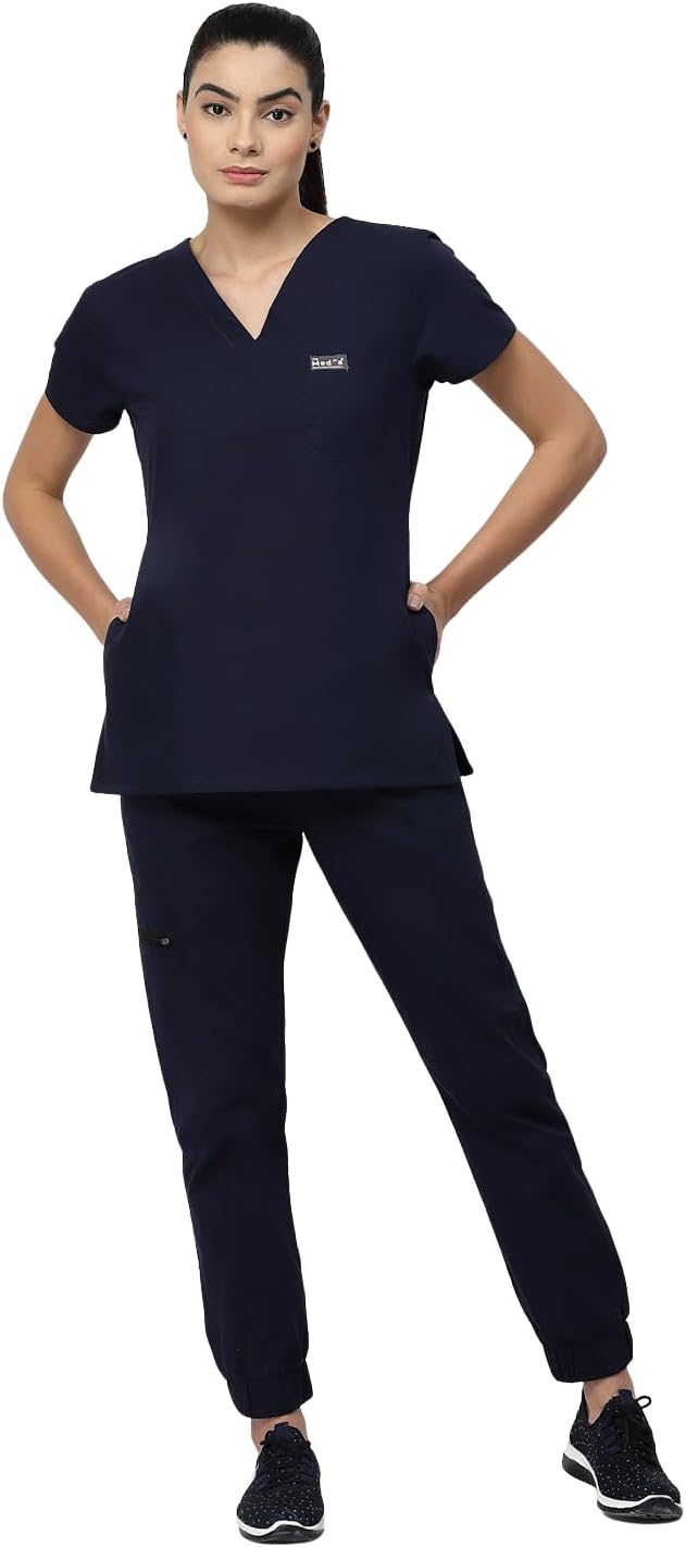MEDFA Women’s Navy Blue OT Scrubs Suit for Doctors & Nurses | Cotton V-Neck Scrub Top With 4 Pocket Jogger Pant | Hospital Uniform for ICU & Surgical Wear