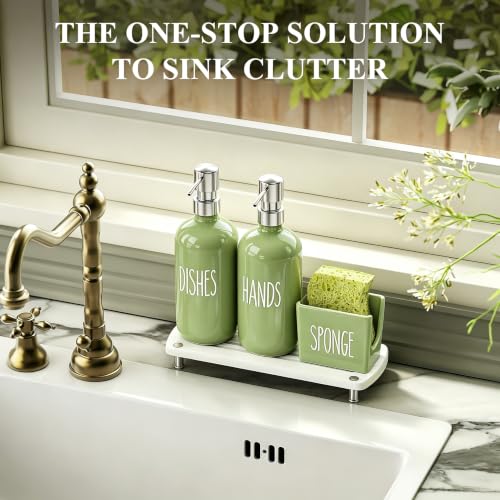 Image of Cisily Olive Green Kitchen Soap Dispenser Set with Ceramics Sponge Holder | Stainless Steel Silver Pumps, and Instant Dry Tray, Hand and Dish Soap Dispenser Set, Kitchen Sink Olive Green Decor