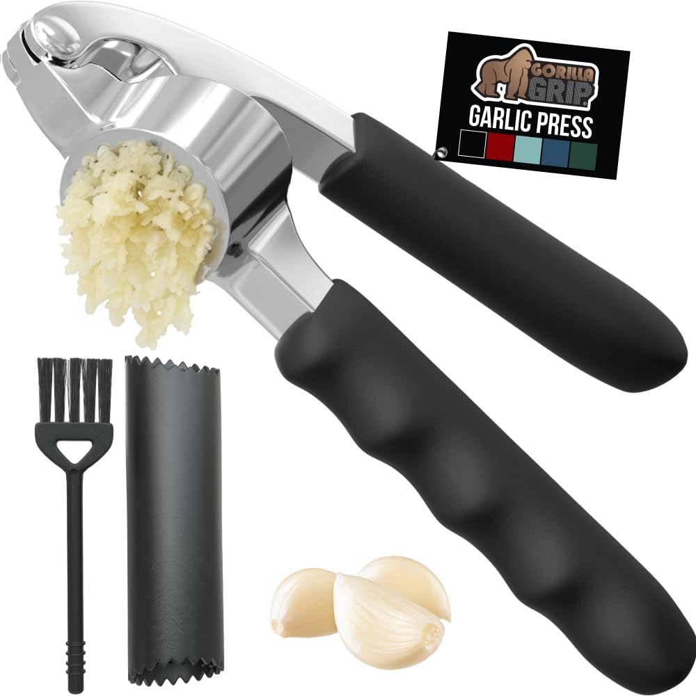 GORILLA GRIP Garlic Press and Peeler Set, Heavy Duty Mincer, Black