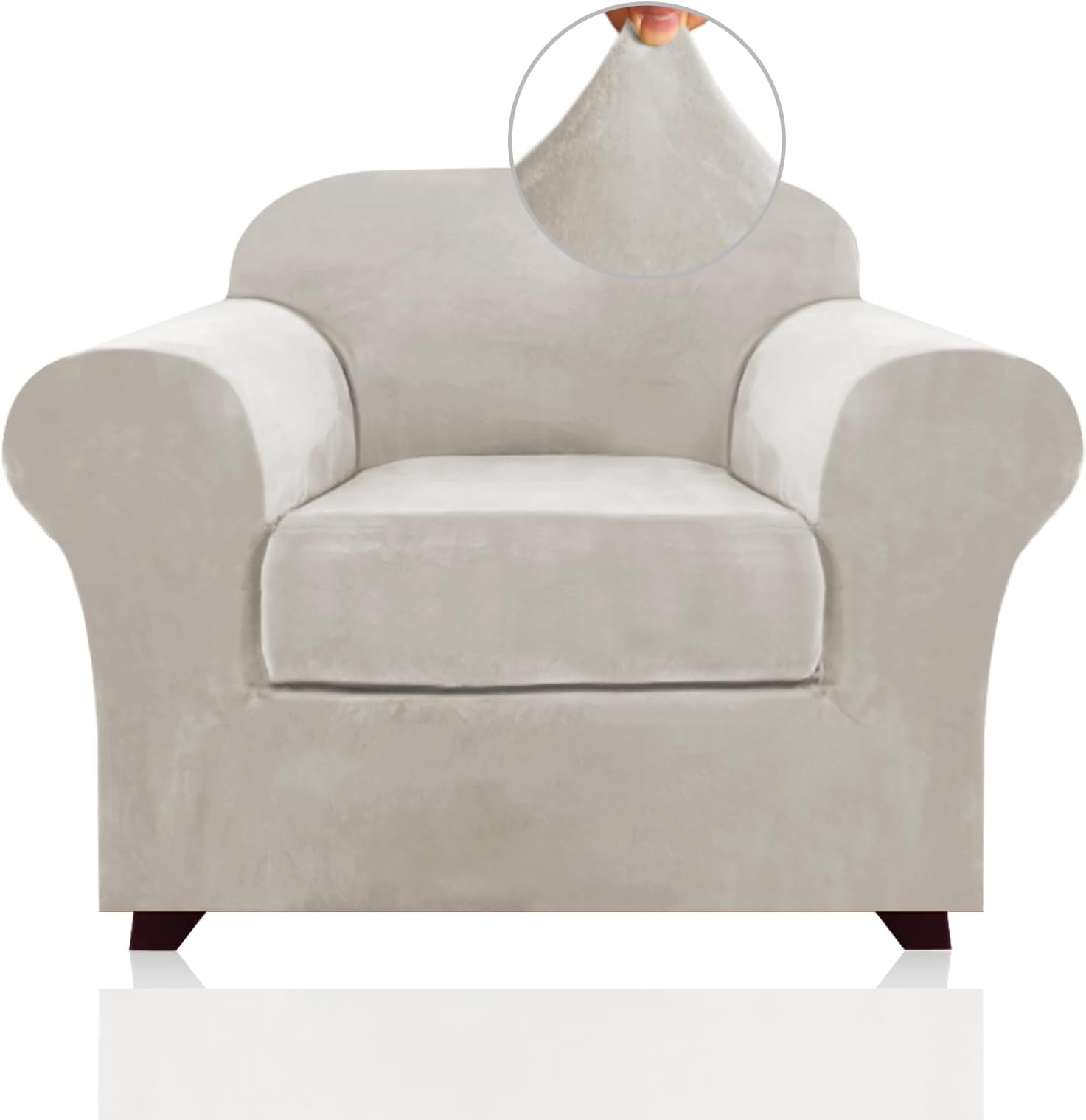 PrinceDeco Velvet Plush Couch Cover Stretch 2 Piece Chair Cover Chair Slipcover Washable Furniture Protector Couch Soft with Elastic Bottom Armchair Cover Width Up to 49 Inch(Small, Oatmeal)
