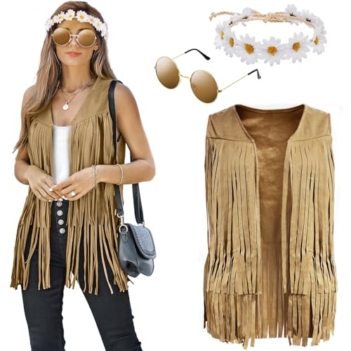 Hippie Kostüm Damen Fransenweste Damen Hippie Weste Damen Ärmellos Mit Brille Stirnband, Faschingskostüme Damen Karneval Kostüm Damen, 60er 70er Jahre Bekleidung Damen Disco Outfit Hippie Kleidung(L)