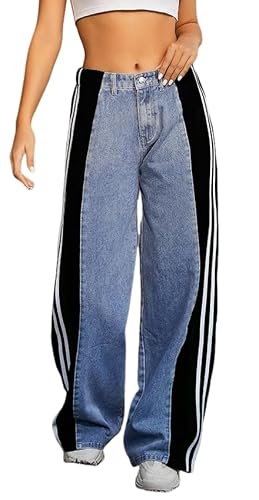 CHEZVOGUE Women's Jeans High Waisted Patchwork Stripes Loose Denim Pants Y2K Straight Color Block Wide Leg Baggy Jeans Black