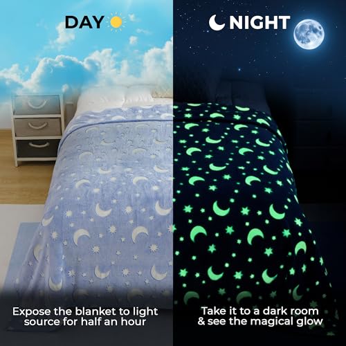 Image of Story@Home Glow Blankets for Kids | Summer Quilt for Kids Sleeping |Kids Blanket 0-15 Years (200x150cm) Soft Fleece Blanket |Cozy & Warm All-Season Radium Blanket for Boys & Girls-Moon & Stars