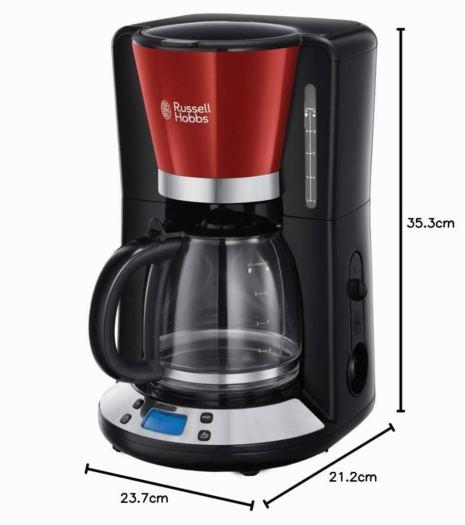 Russell Hobbs Cafetière filtre [Programmable, Technologie WhirlTech pour extraction & arôme optimaux] Rouge (10 tasses, verseuse en verre 1,25L, Maintien au chaud, 1100W) Machine à café 24031-56