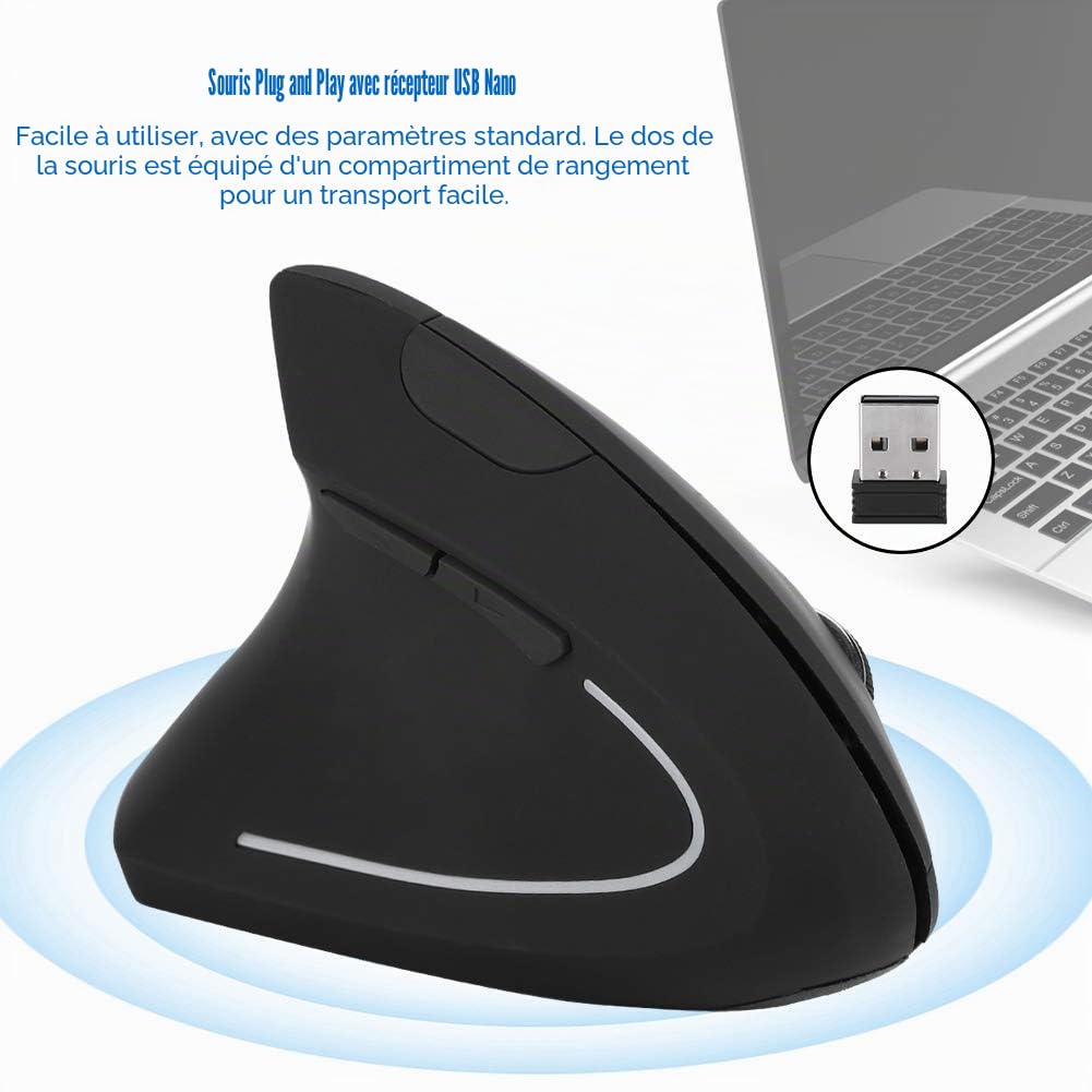 Souris pour gaucher, Souris Optique Ergonomique Verticale sans Fil USB 2,4 GHz pour Ordinateur Portable