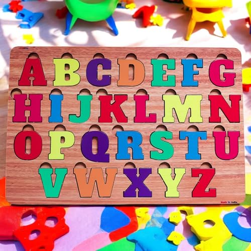 Image of Fiddlys Wooden Educational Jigsaw Puzzles for Toddlers & Preschoolers, Double Layered Wooden Puzzles with Bright Front & Back Print Alphabet Shapes and Numbers Learning, Toy (Alphabet)