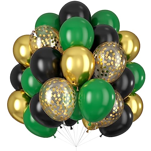 Image of Black Gold Green Balloons for Graduation Party Decorations 60PCS 12INCH Dark Green Metallic Chrome Gold Confetti Balloon Green Gold Black Helium Latex Balloons Jungle Tropical Wild Theme Birthday