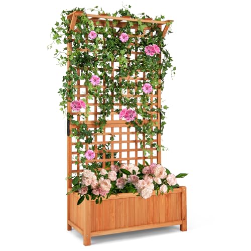 HOMASIS Hochbeet mit Rankgitter & Dach, Blumenkasten mit Spalier & Drainagelöchern, Pflanzkasten Holz, Pflanzübel Rankkasten Gartenspalier für Balkon, Garten, Terrasse, Orange (90x44,5x183,5cm)