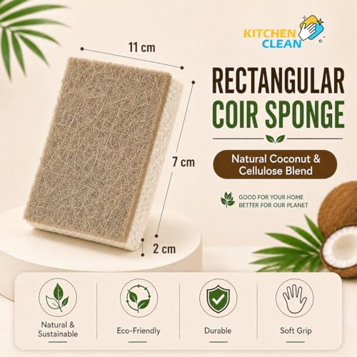 Image of Kitchen Clean Natural Coconut Coir & Cellulose Blend Dish Scrubber Sponge, Eco-Friendly Biodegradable Kitchen Cleaning Sponge, Non-Toxic Long-Lasting Scrub Pads for Utensils, Pots & Pans - Pack of 8