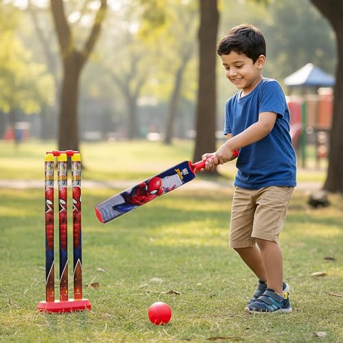 Image of Amazon Brand - Jam & Honey Spiderman Cricket Set 3+ Years, Complete Kids Cricket Kit with Bat, Ball, Stumps & Bails, Indoor Outdoor Sports Toy for Boys & Girls, BIS Certified, Non-Toxic, Multicolour