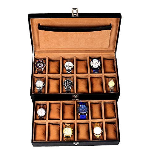 Image of Leather World 24 Slots Men Watch Box Drawer With Lock System Organizer Display Case Jewelery Storage Women - Black