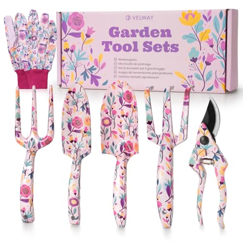 Gardening Gifts for Women Mum - Velway 6PC Floral Print Metal Garden Tools Set Ideal Gardening Gifts for Ladies Gardeners Mothers Day Christmas Birthday