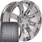 OE Wheels LLC 20 Inch Fits Chevy Silverado Tahoe GMC Sierra Yukon Cadillac Escalade CV82 Chrome 20x8 Rims Hollander 5409 Goodyear LS2 Tires SET