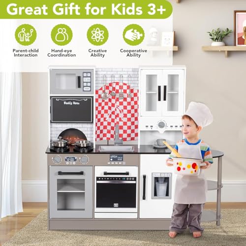 Foto von BRINJOY Kinderküche, Holz Kleinkind Küche Set mit Vorhänge, Kaffeemaschine, Aufbewahrungsregal, Herd, Waschbecken, Geschirr, Licht & Klang,Spielen Küche Spielzeug Geschenk für Mädchen Jungen (Weiß)