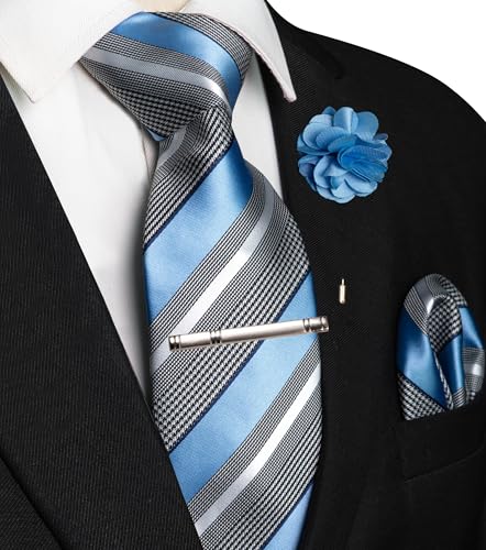 Image of JEMYGINS Mens Striped Tie and Lapel Pin Necktie Pocket Square and Tie Clip Sets for Business Casual 4PCS