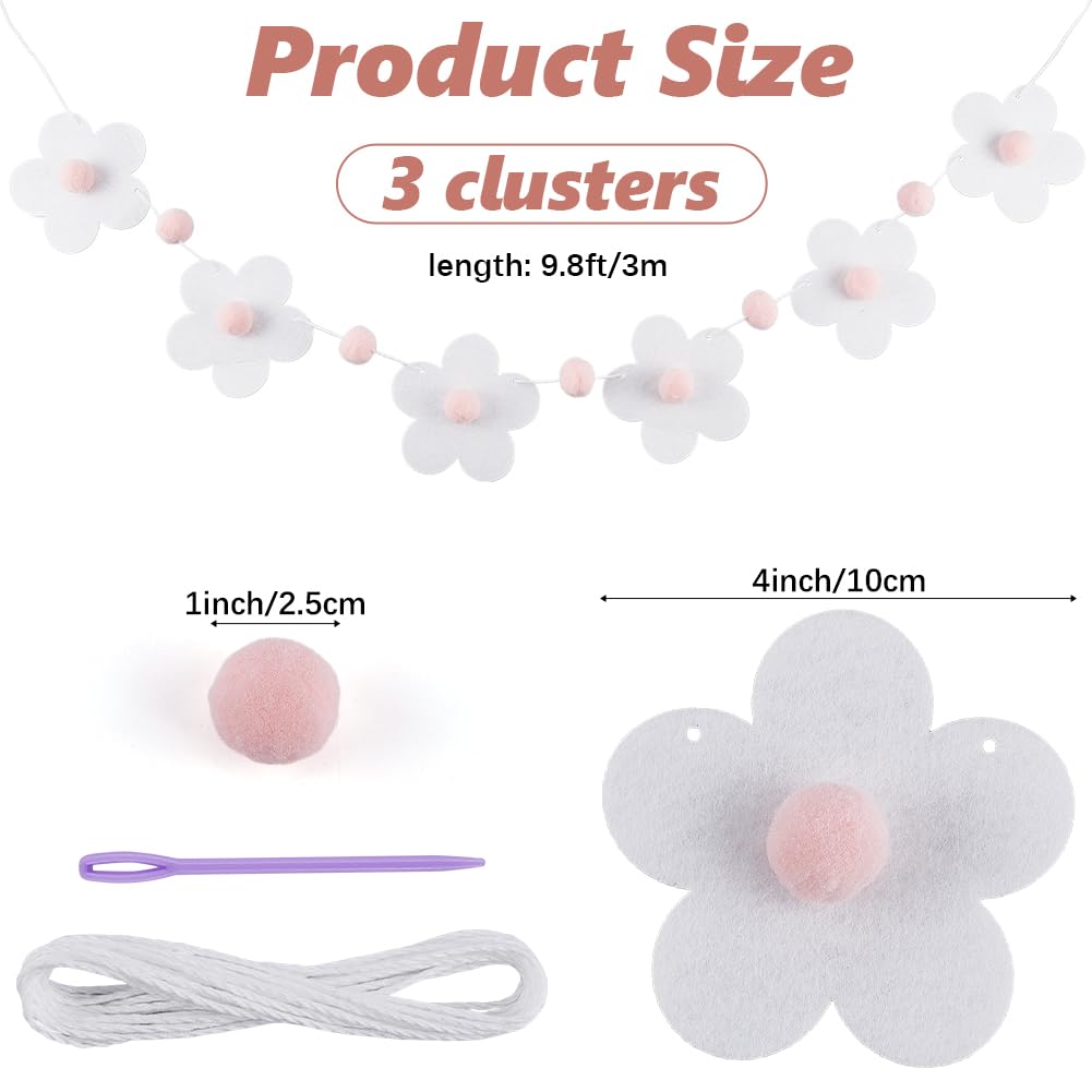 CRASPIRE White Flower Felt Garland 3D Back to School Banner Pink Pom Ball Hanging Bunting Needle Pre Punched Welcome First Day Classroom Decor Reusable Home Wall Party Teacher Office Decoration 3Pcs - Image 2