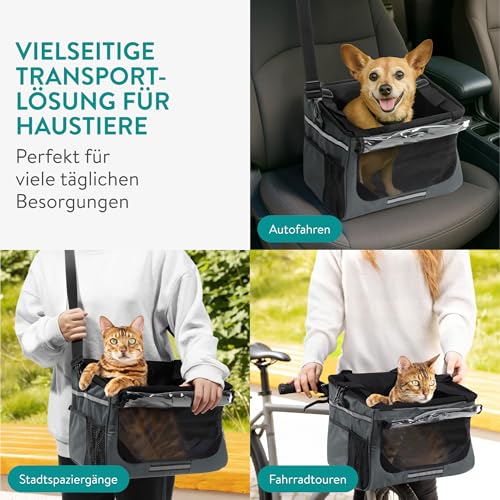 Navaris Hundekorb Fahrrad vorne - Hundefahrradkorb vorn - Fahrradkorb Hund - Für Hunde bis zu 10 kg - Praktische Zusatztaschen - Fahrradkorb Lenker mit Trageriemen - Grau