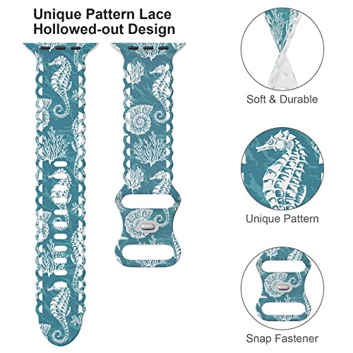 Image of Compatible with Apple Watch Band 41mm 40mm 38mm 49mm 45mm 44mm 42mm Women Girl, Seahorse Print Lace Hollow-out Soft Silicone Sport Bands For iWatch Ultra SE Series 10 9 8 7 6 5 4 3 2, Seah-42