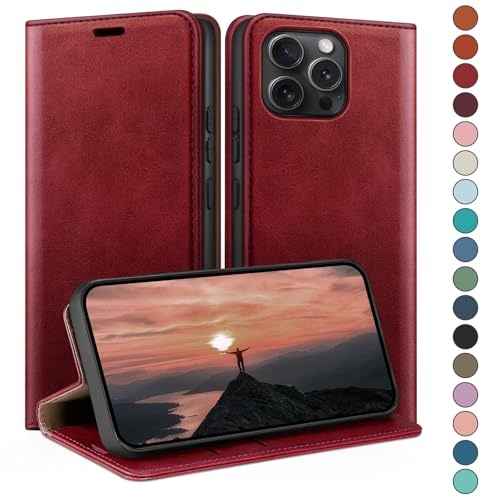 Étui à rabat iPhone 15 Pro Max portefeuille avec fentes pour cartes cuir rouge