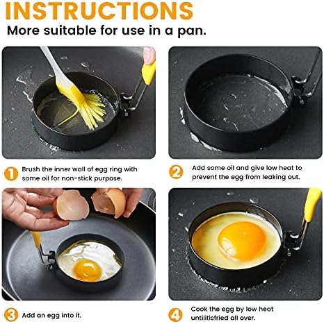 Egg Rings Non Stick Frying,Fried Egg Rings,Egg Circle Ring Stainless Steel use for Fry Eggs, Pancake, with Anti-Scald Handle and Oil Brush,4-Pack Foldable Stainless Steel Handle