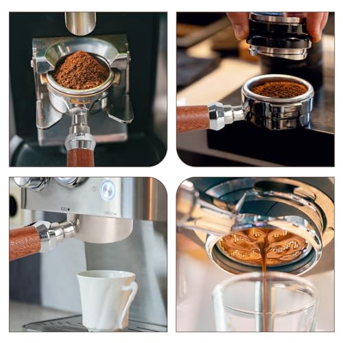 Siebträger 51mm mit Filterkorb 1/2/4 Tasse, Bodenloser Siebträger 51mm Kaffeefilterkorb set aus Edelstahl mit Holzgriff für Espresso, 51 mm Filterhalter Kompatibel mit DeLonghi Dedica