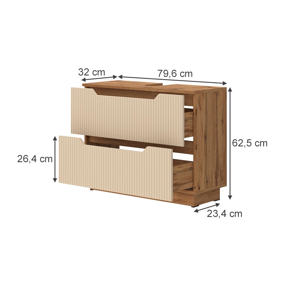Vicco Meuble sous Vasque Simple Lotta, Cachemire, 79.6x62.5cm avec 2 tiroirs, pour Le Rangement des Accessoires de Salle de Bain et Le raccordement au lavabo