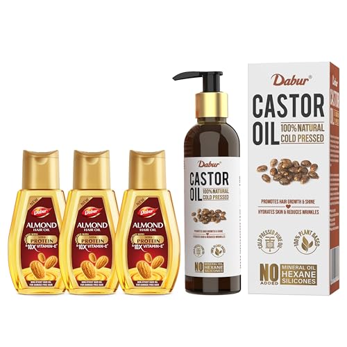 Image of Dabur Almond Hair Oil 900ml (300ml*3) & Dabur Castor Oil | 100% Natural Cold Pressed Oil | Promotes Hair Growth, Hydrates Skin & Reduces Wrinkles | No Mineral Oil & Silicones - 200ml