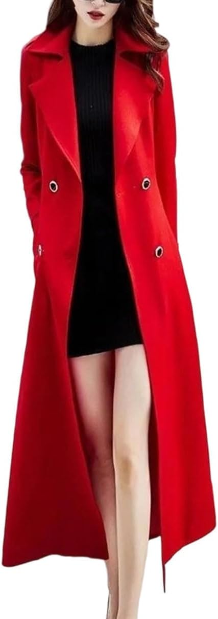 Women Spring Fall Below-The-Knee Trench Coat Double-Breasted Turn Down Collar Solid Coats