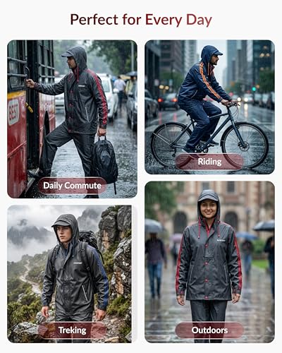 Image of Destinio Rain Coat for Men Waterproof with Hood, Thick Polyester, Leak Proof, Premium Zipper, Raincoat for Bike Riding, Double Layer Rain Suit for Riders, Rainwear Set
