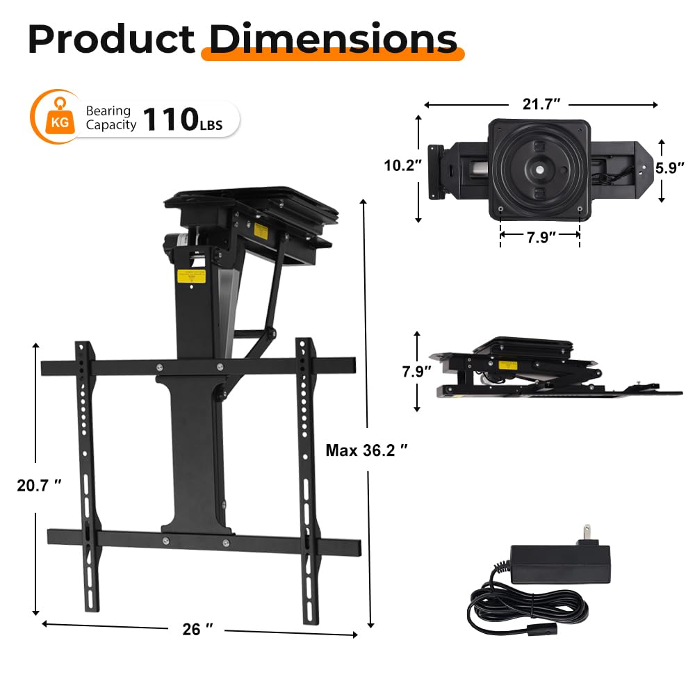 OUTFINE Electric Flip Down and Swiveling Ceiling TV Mount for 32–75 Inch Flat or Curved Screens, Motorized Fold Down Lift with Remote Control, 360°Manual Swivel and 0–80°Electric Tilt