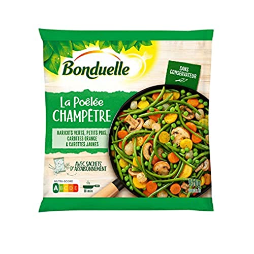 Bonduelle La Poêlée Champêtre Haricots Verts Petits Pois Carottes Oranges et Carottes Jaunes, 950g (Surgelé)