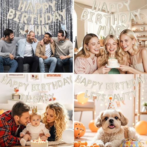 Image of 65 Pcs Cream Happy Birthday Balloons, 2 Sets A-Z Cream Letters Foil Balloons,16 Inch Personalized Name Happy Birthday Banners for Wedding Baby Shower Anniversary Party Decorations