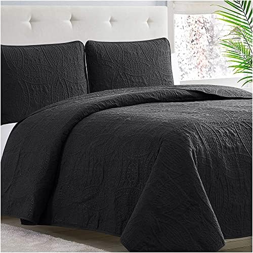 Mellanni King Bedspread Coverlet Set - Black Bedding Cover with Shams - Ultrasonic Quilting Technology - 3 Piece Oversized Black Quilt King Size Set - Bedspreads & Coverlets (King, Black)