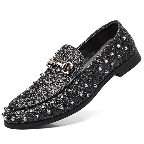COSIDRAM Men's Glitter Studded Dress Shoes Fashion Metallic Sequins Gold Buckle Spikes Rivets Luxury Wedding Party Loafers