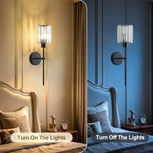 Image of KARTOOSH Hardwired Crystal Wall Sconces Set of 2 | 20.1 Inch Black Wall Lights Dimmable 3000K Warm White Wall Lamps for Hallway, Bathroom, Living Room, Bedroom