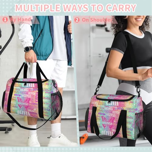 Custom Sports Duffel Bag Name Butterfly, Personalized Waterproof Sleepover Carry on Practice Travel Bags, Bright Colorful Rainbow Pink Yellow Aqua Striped3