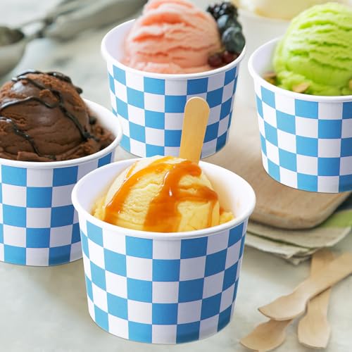 Image of Zopeal 50 Count Blue Checkered Ice Cream Cups Disposable Race Car