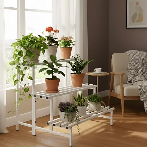 Pivalo 3-Tier Rectangular Plant Stand Anti-Rust Metal Shelf Flower Pot Holder Outdoor & Indoor Planters Gamla Stands for Balcony & Living Room Home Decor (Set of 1, White)