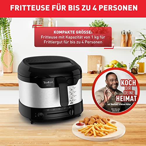 Tefal Uno M Fritteuse, 1470 Watt, Kapazität: 1 kg, Einstellbares Thermostat, Sichtfenster, Abtropfposition, Edelstahl, schwarz, Medium, FF215D – Bild 4