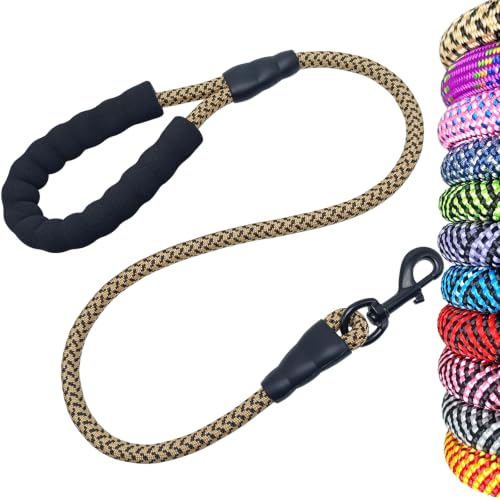 MayPaw Heavy Duty Rope Dog Leash, 3/4/6/7/8/10/12/15/20/30 FT Nylon Pet Leash, Soft Padded Handle Thick Lead Leashes for Large Medium Dogs (Brown, 1/2" * 3')