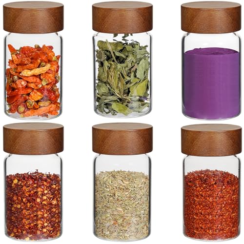 6 oz Glass Spice Jars Herb Seasoning Containers Small Glass mason Jars with Wooden Airtight Lids Food Storage Canister for Sugar Ground Kitchen Pantry Tea Coffee Bean Cookies Salt (6oz(177ml)*6 pack)