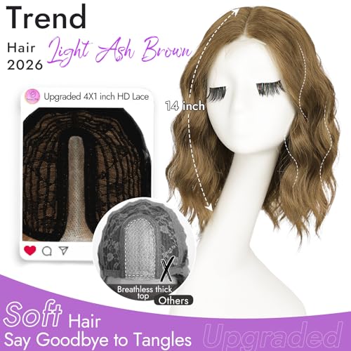Image of Eawwii Wigs for Women Light Ash Brown,Short Wavy Synthetic Lace Wig | Glueless 4x1 Lace Hairline, Heat-Resistant Fiber,Bob Wave Style,Natural Appearance for Everyday Cosplay 14 Inch