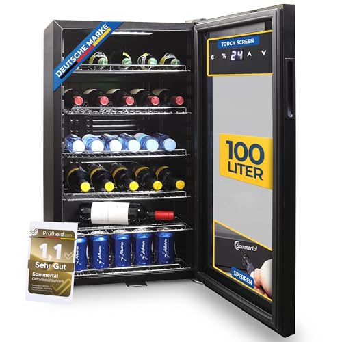 Sommertal Kühlschrank mit Glastür GK100– Leiser Getränkekühlschrank mit LED, Touchscreen & Schloss kleiner Flaschenkühlschrank schwarz 100L