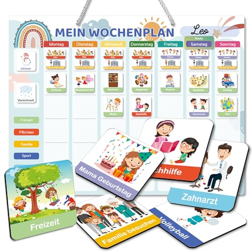 BIROYAL Wochenplaner für Kinder | Montessori Magnettafel inkl. 184 Magnete & Kordel | Kalender beschreib- & abwischbar | magnetisches Lernspielzeug auf Deutsch für Kinder, Regenbogen