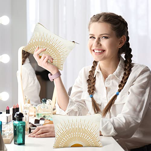 Pinkunn 4 Pcs Sunshine Boho Makeup Bag Canvas Cosmetic Bag Makeup Pouch Large Zipper for Women Boho Travel Cosmetic Purse(Sunshine)2