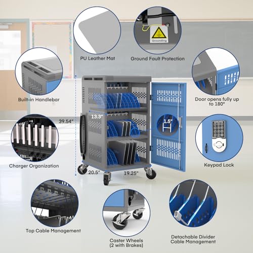 Image of Laptop Cart on Wheels, Fully Assembled 30 Device Charging Cart with Lockable Door, Fits Devices for Laptops, iPads, Chromebooks Up to 14-inch, Ideal for School, Office & Educational Use