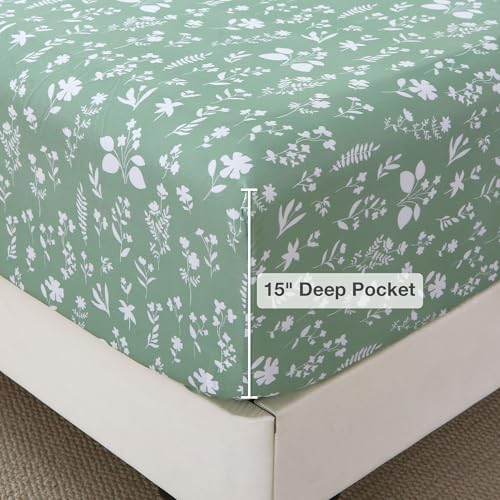 Image of Viviland Sage Green Twin Sheet Set - 4 Piece Vintage Green Flower Patterned Bed Sheets - Soft, Breathable Microfiber Floral Sheets with Deep Pocket, Non-Slip Fitted Sheets & Pillowcases